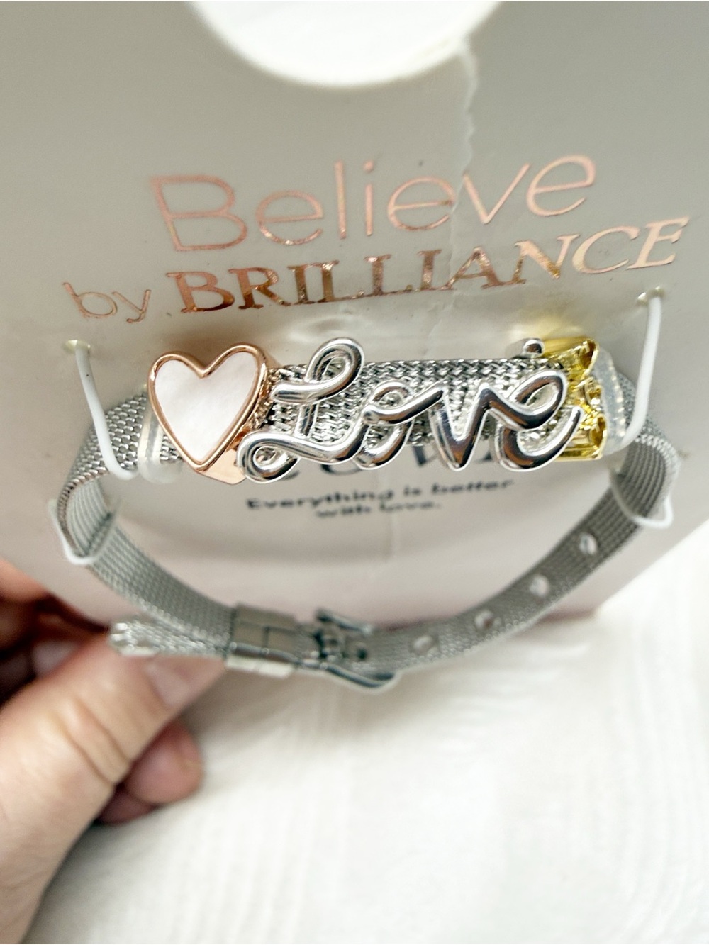 Believe by Brilliance Love Silver Tone Mesh Adjustable Bracelet Charm Heart